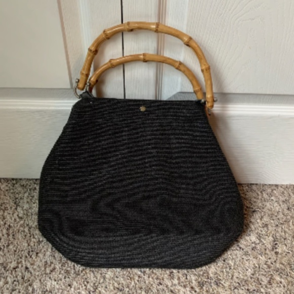Vintage Black Woven Bag with Bamboo Handles - Picture 2 of 12